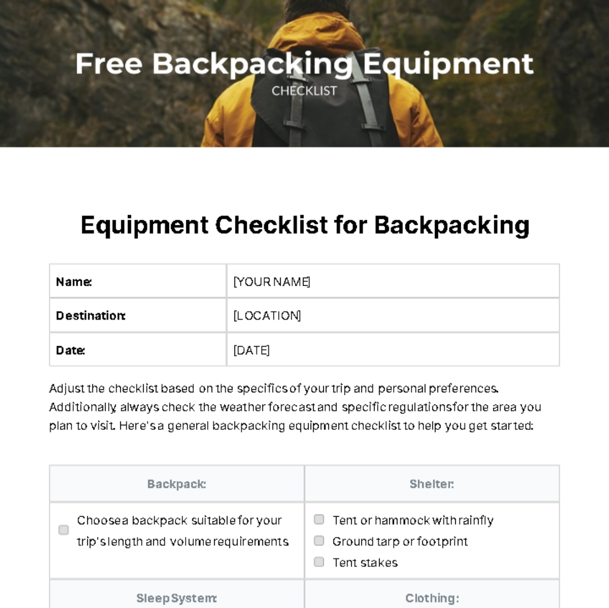 Free Backpacking Equipment Checklist Template