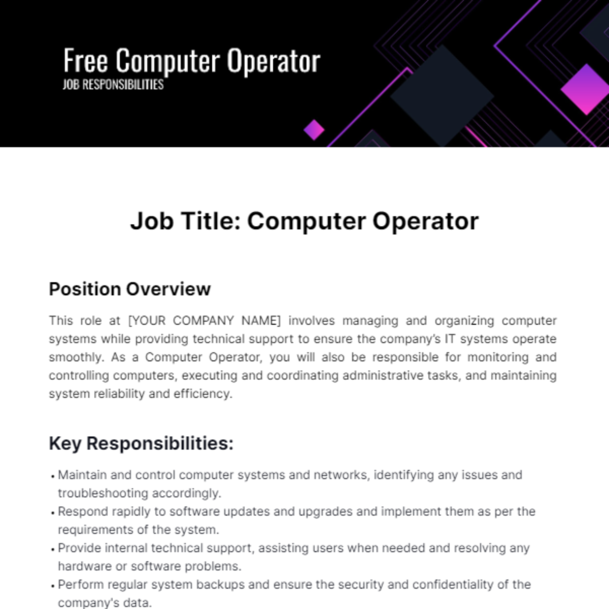 Free Computer Operator Job Responsibilities Template