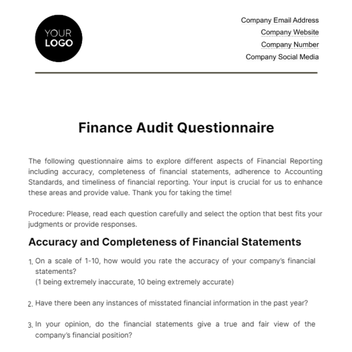 Finance Audit Questionnaire Template