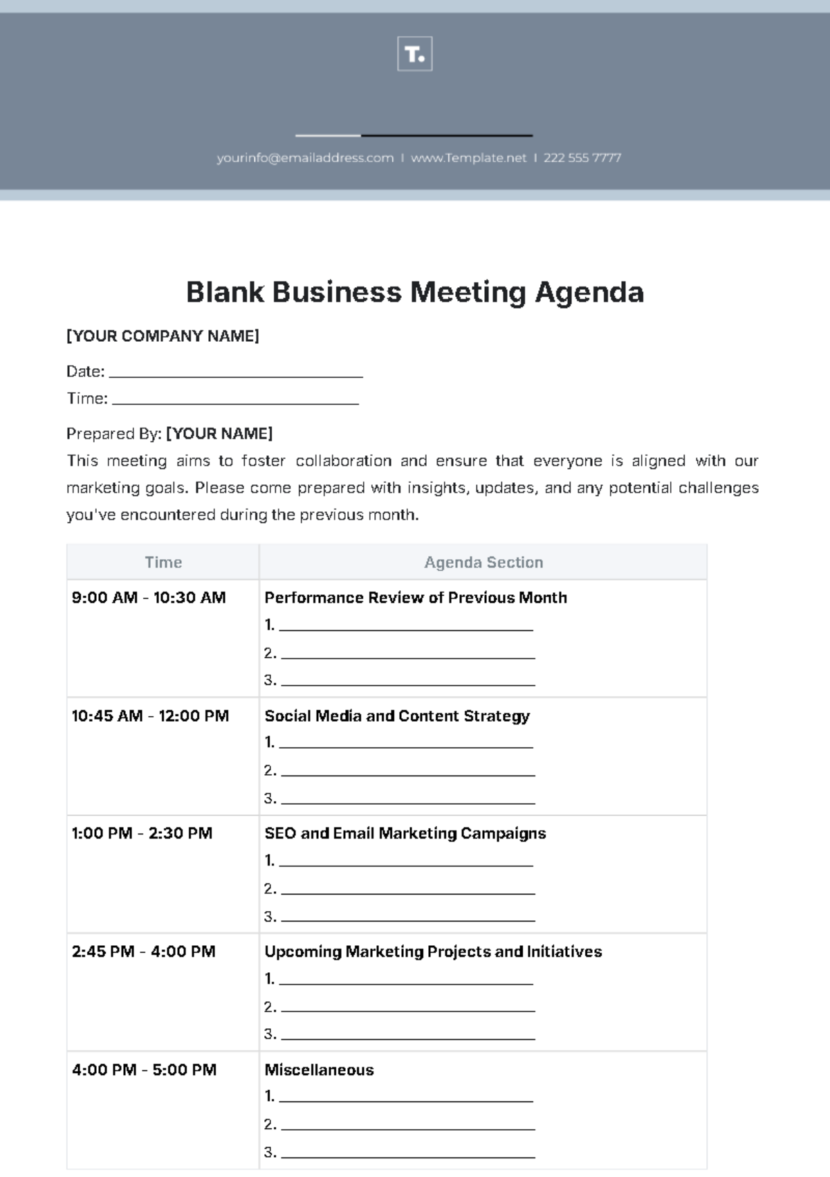 Blank Business Meeting Agenda Template - Edit Online & Download