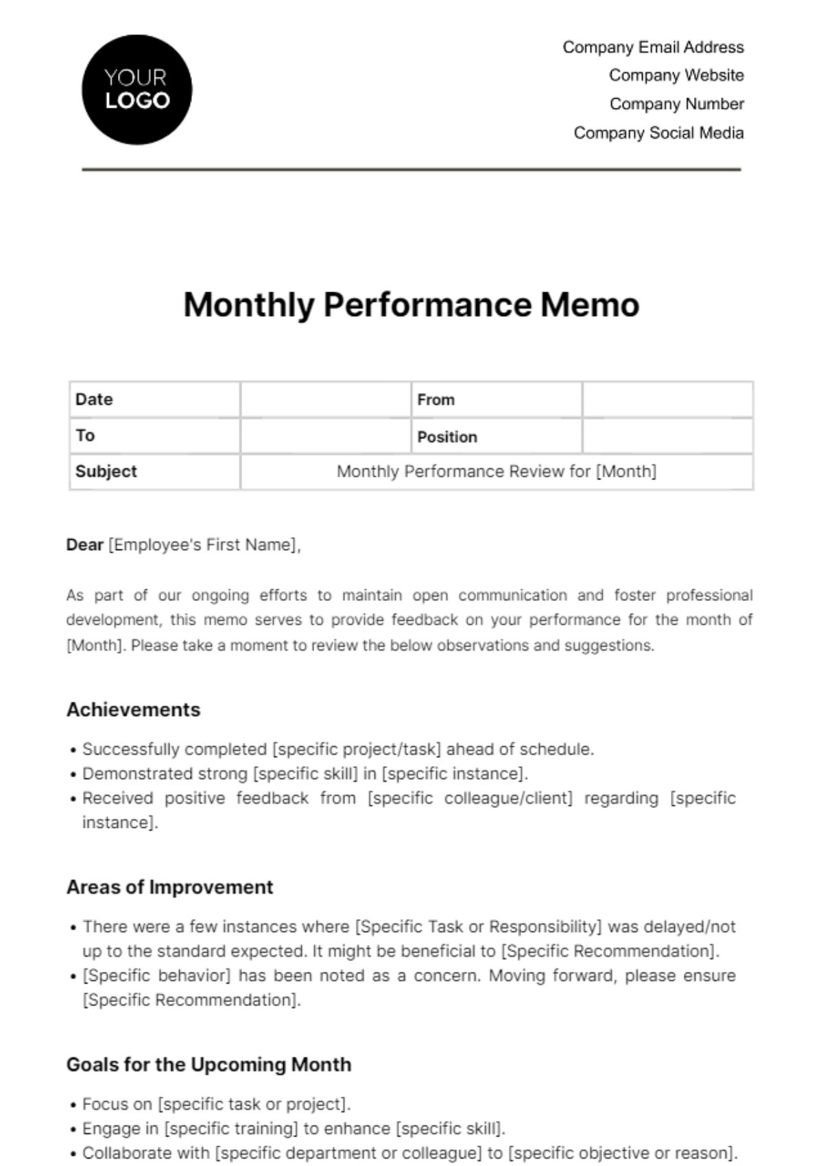 Monthly Performance Memo HR Template