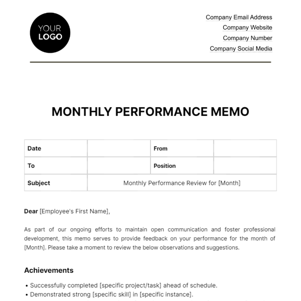 Monthly Performance Memo HR Template - Edit Online & Download