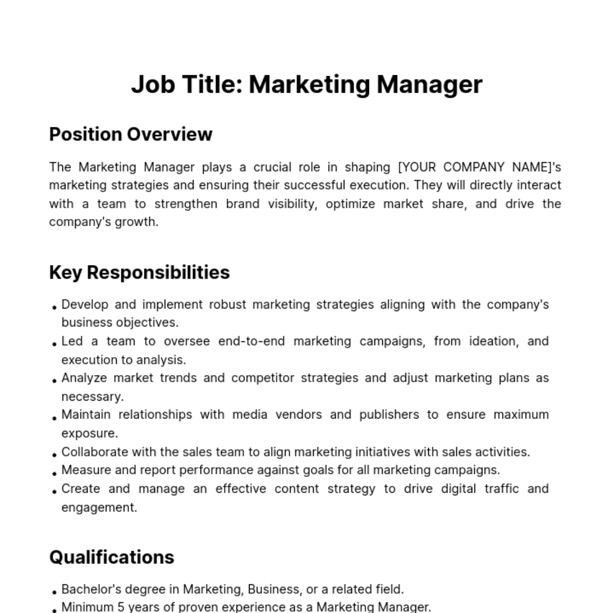 Marketing Manager Job Responsibilities Template
