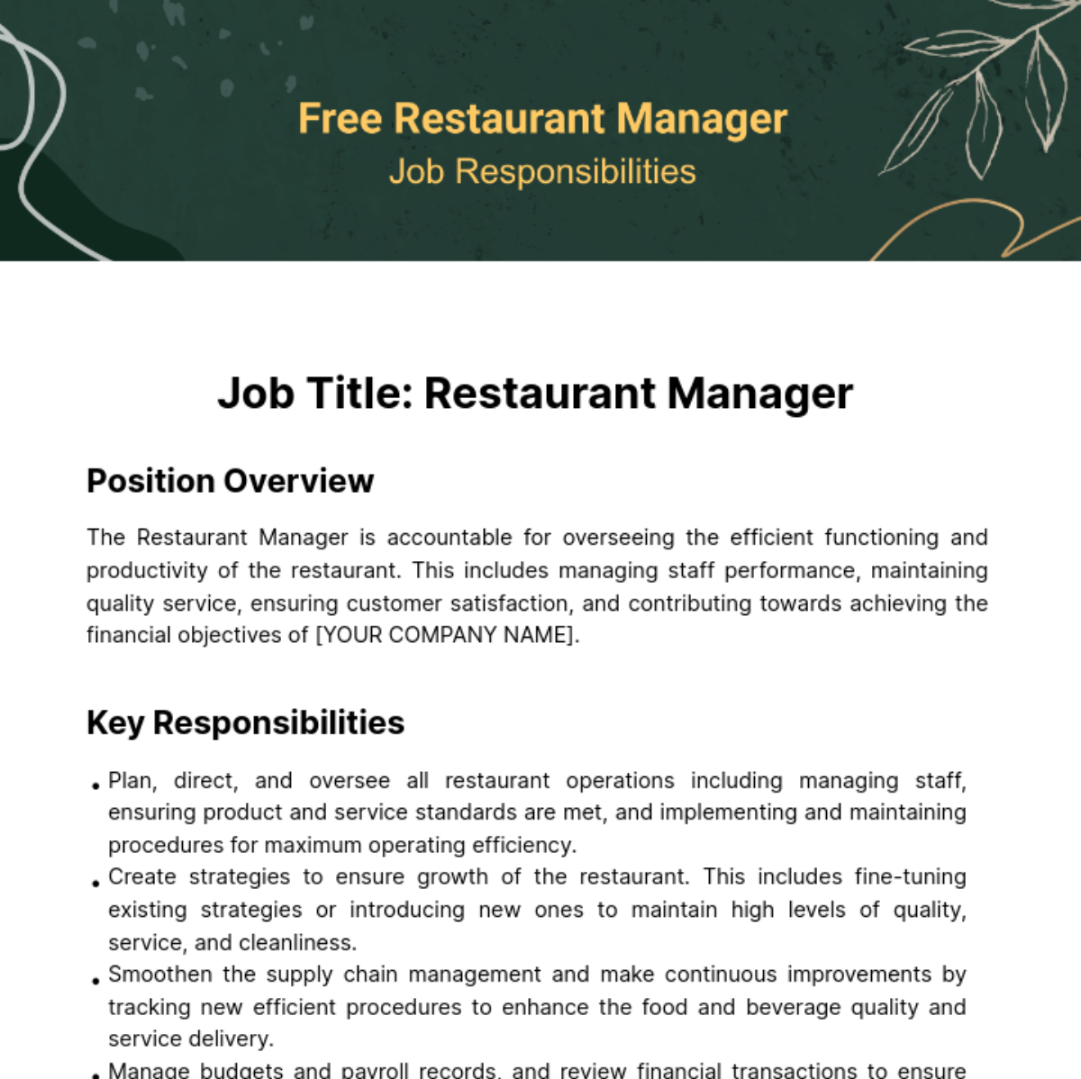Restaurant Manager Job Responsibilities Template