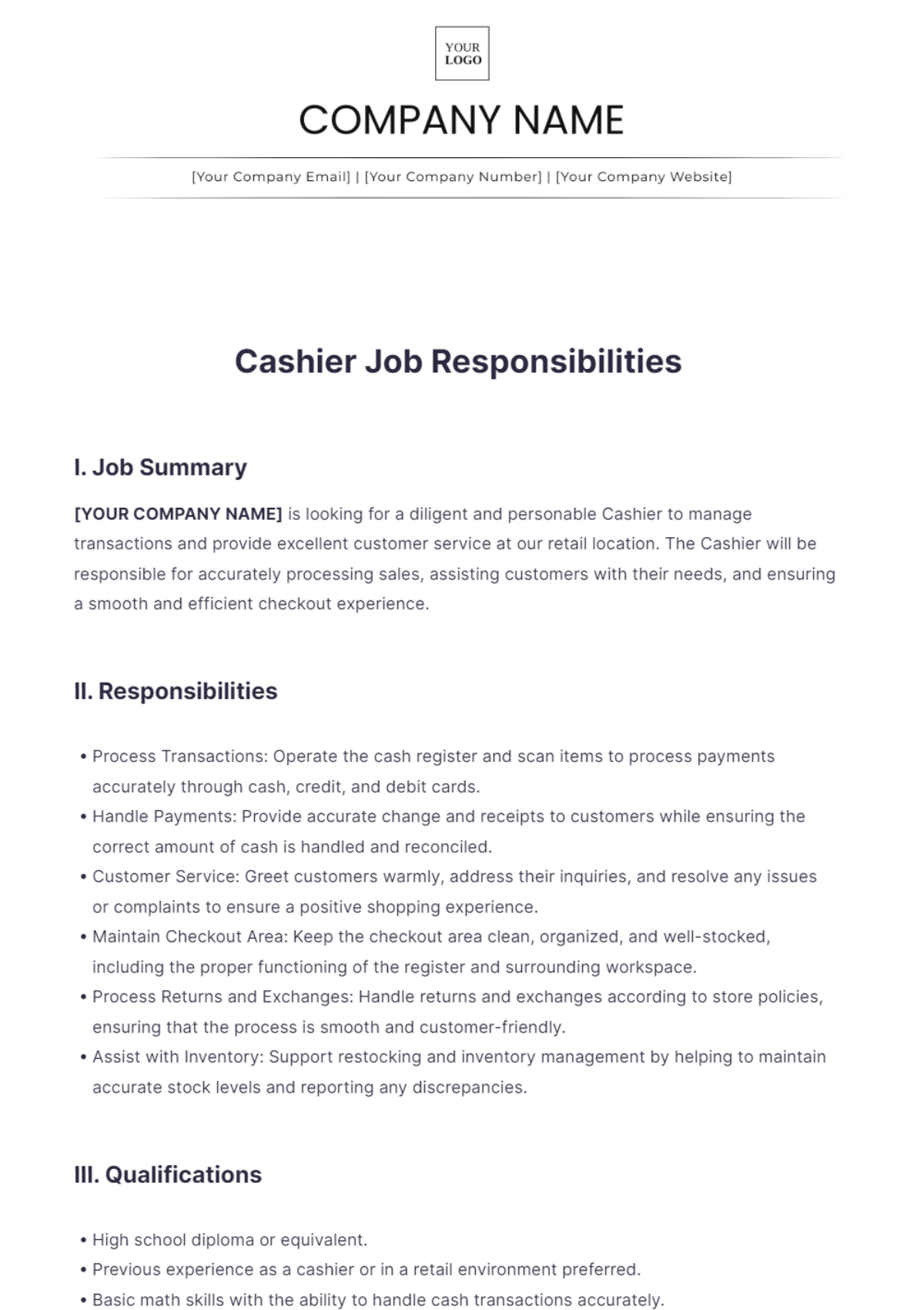 Cashier Job Responsibilities Template - Edit Online & Download