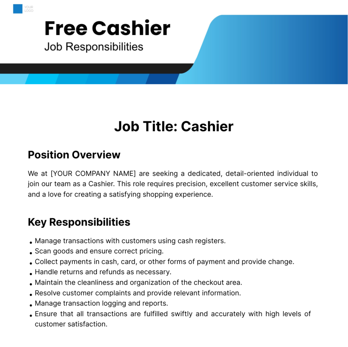Free Cashier Job Responsibilities Template