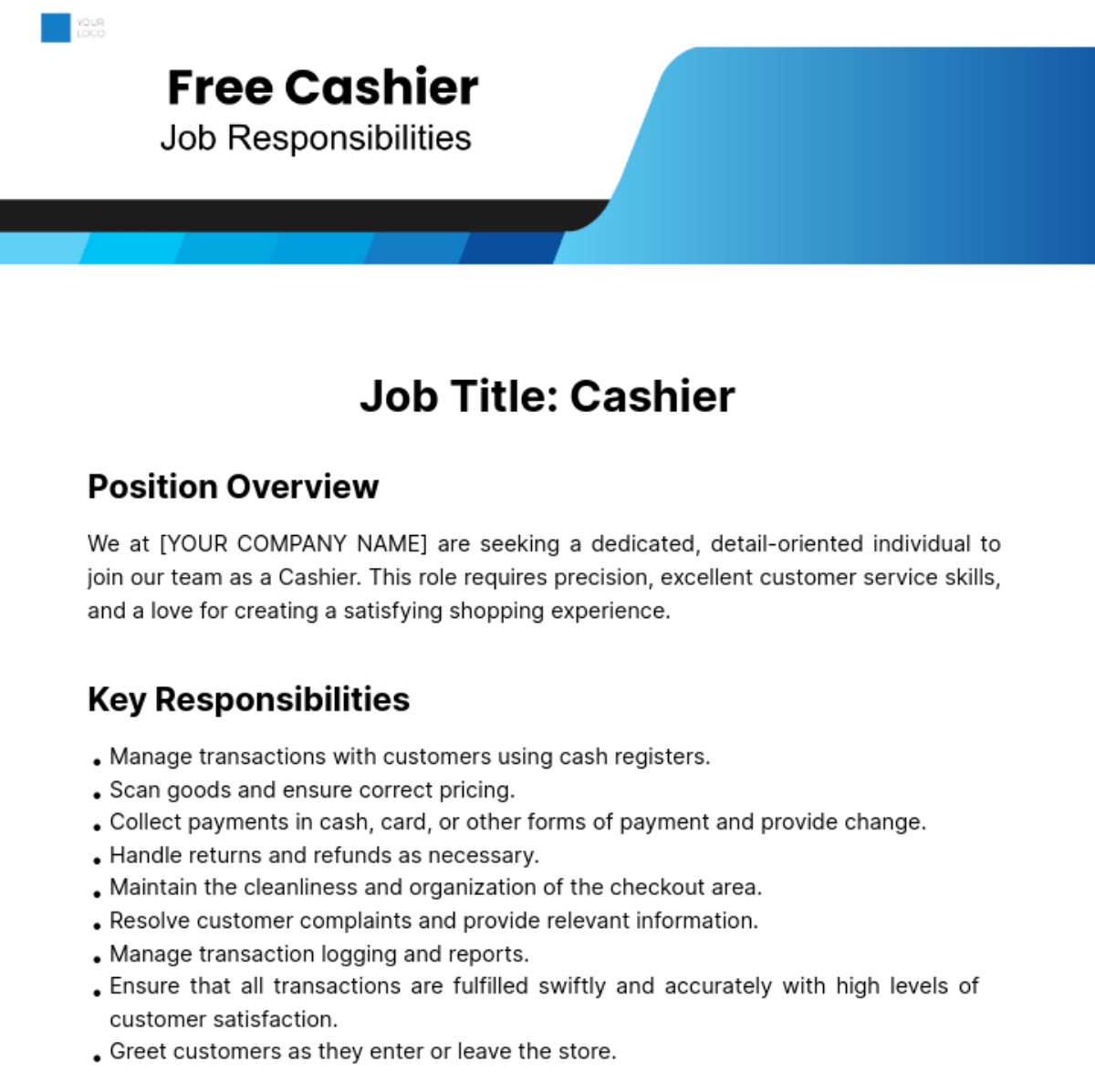 Free Cashier Job Responsibilities Edit Online Download Template Net   Cashier Job Responsibilities Edit Online 