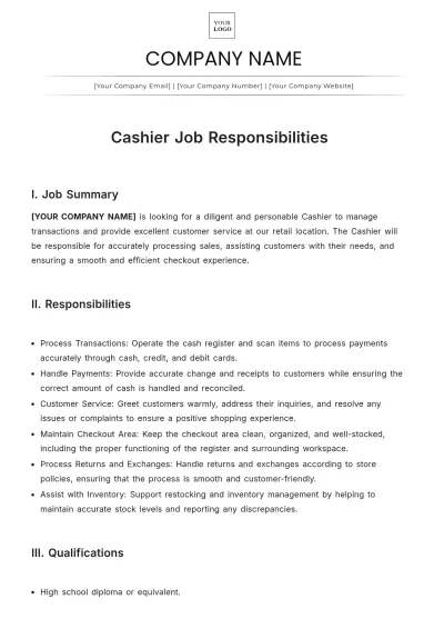 Free Cashier Job Responsibilities Template to Edit Online