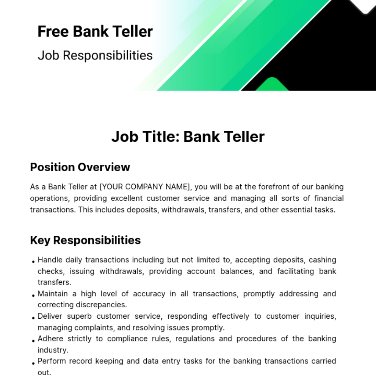 Free Bank Teller Job Responsibilities Template