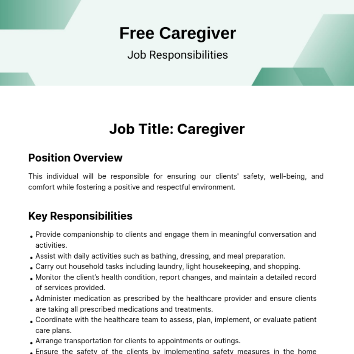 Free Caregiver Job Responsibilities Template