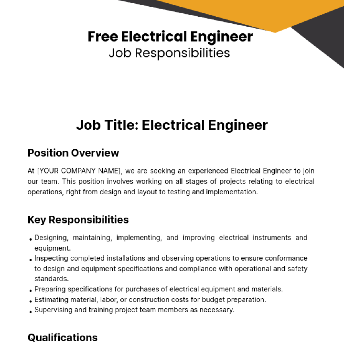 Free Electrical Engineer Job Responsibilities Template