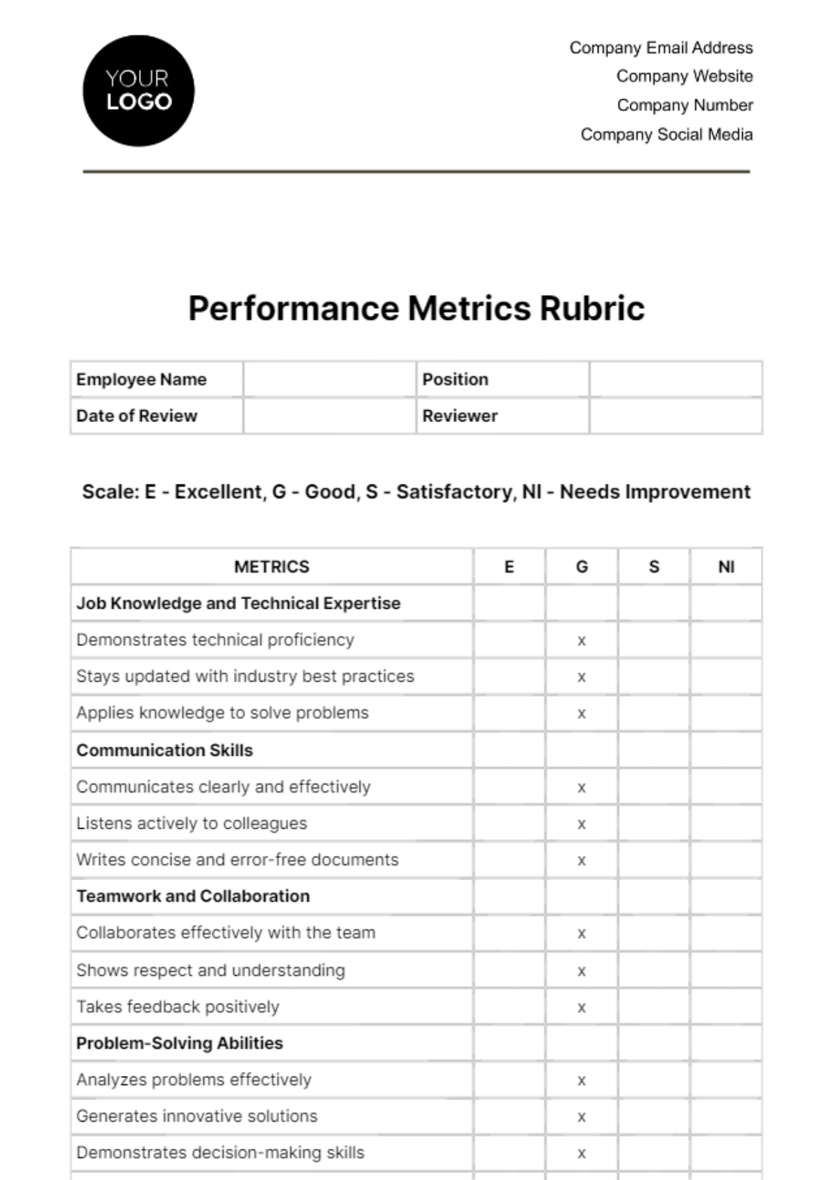 Performance Metrics Rubric HR Template