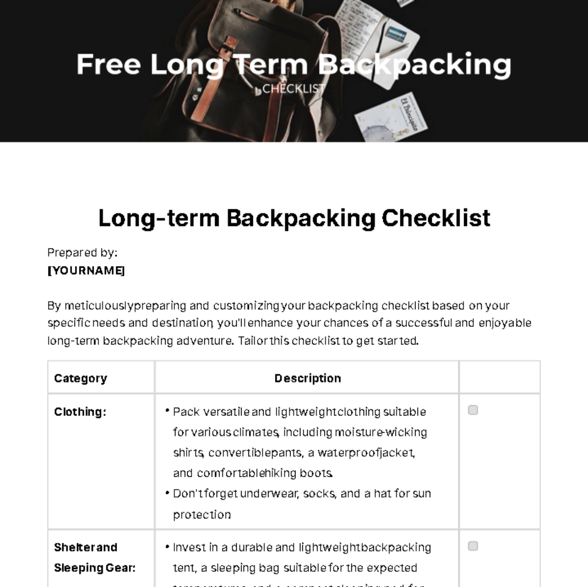 Free Long Term Backpacking Checklist Template