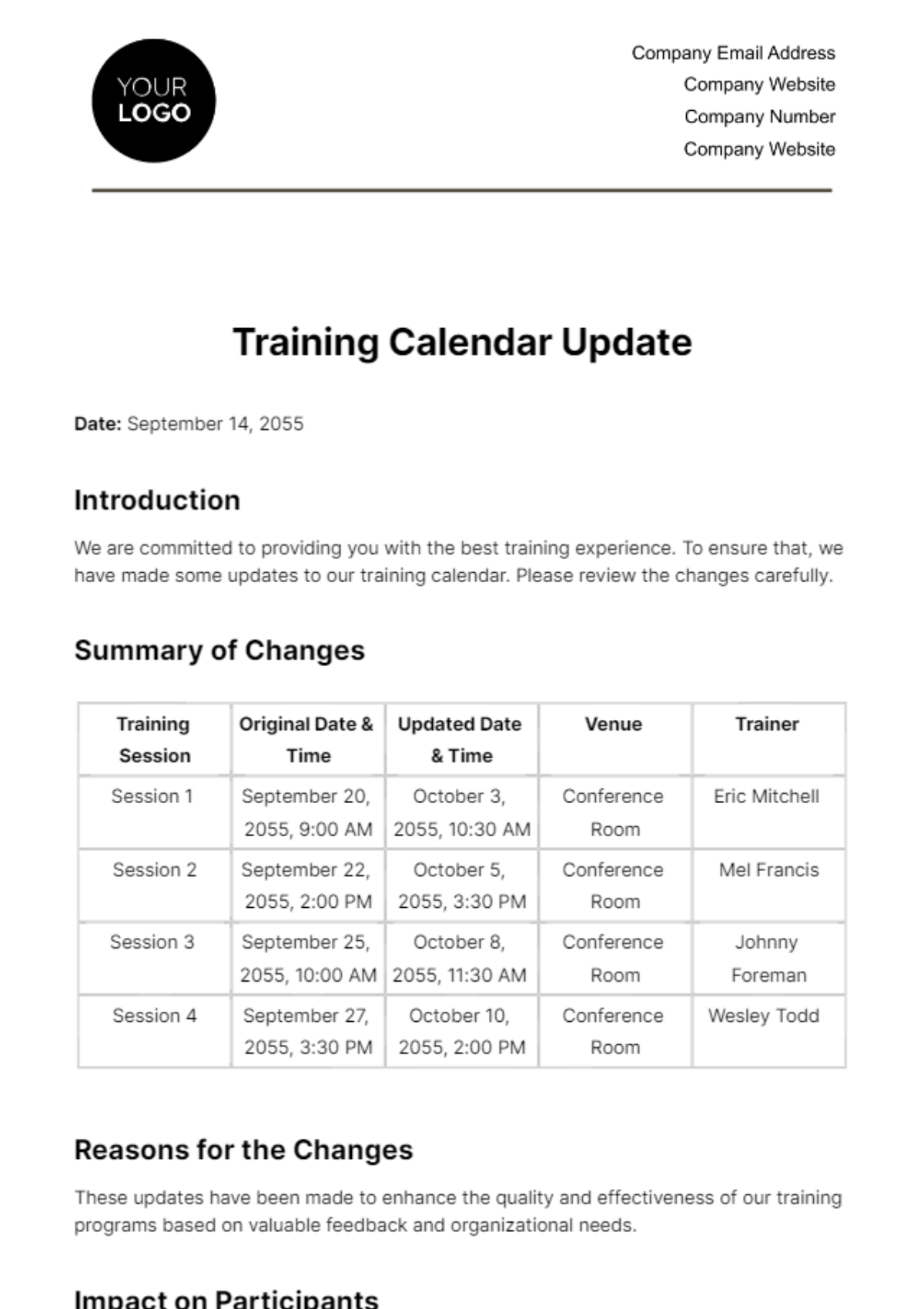 Training Calendar Update HR Template