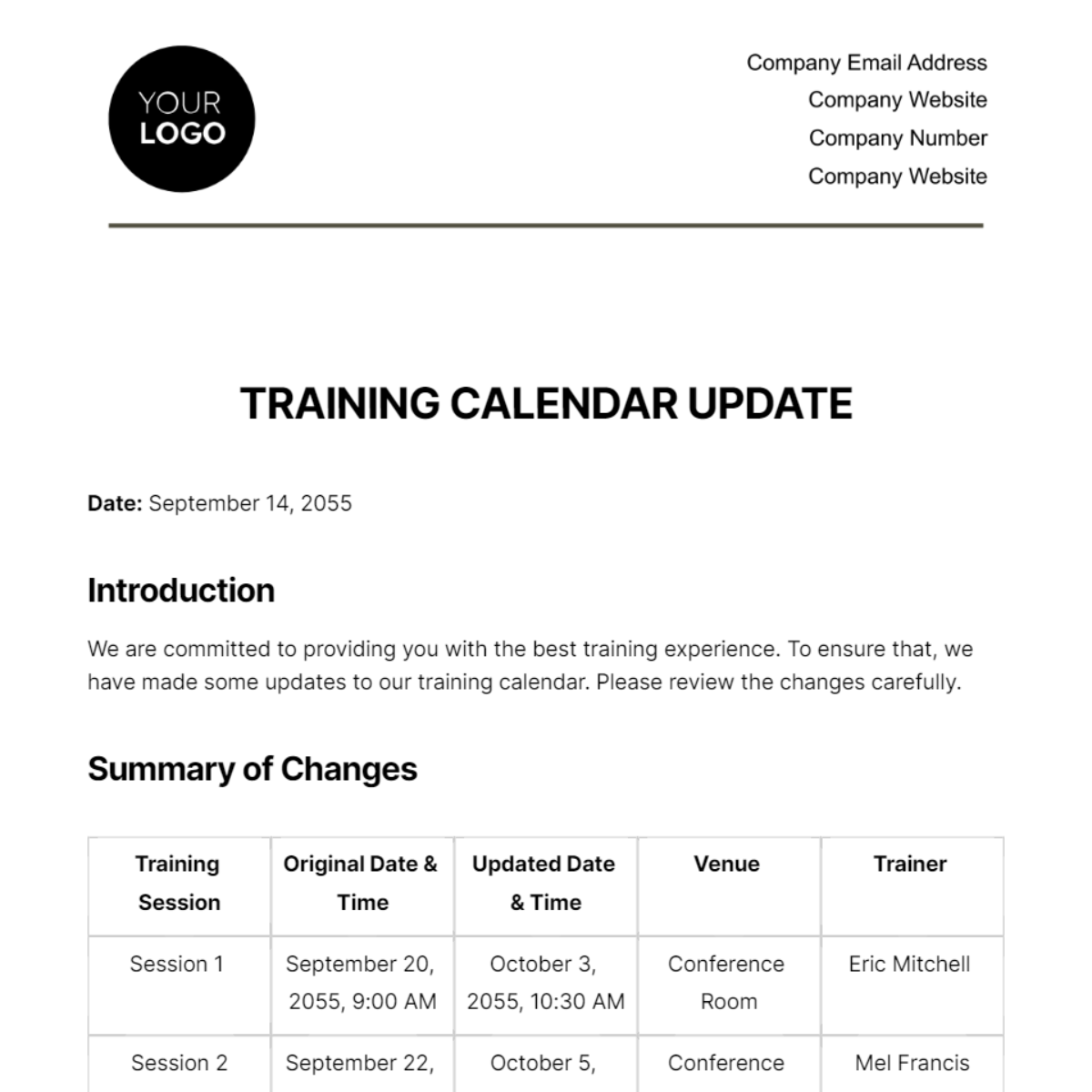 Training Calendar Update HR Template - Edit Online & Download