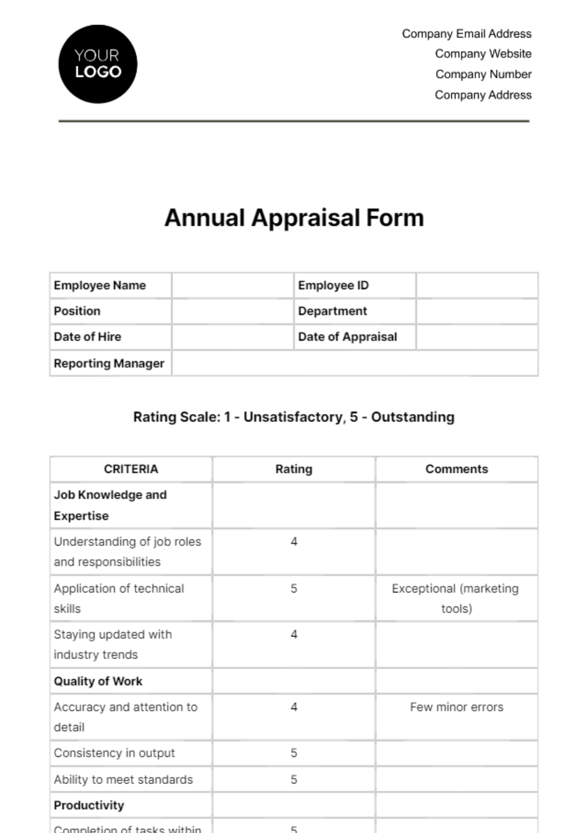 Annual Appraisal Form HR Template