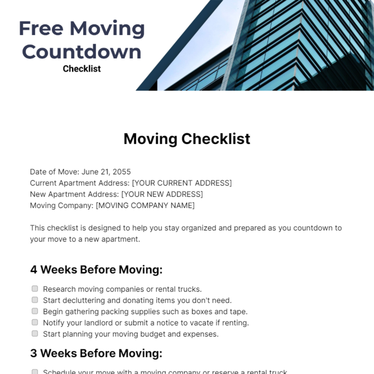 Free Moving Countdown Checklist Template