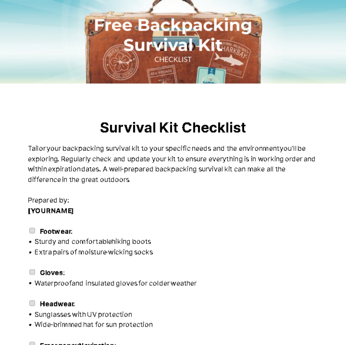 Backpacking Survival Kit Checklist Template