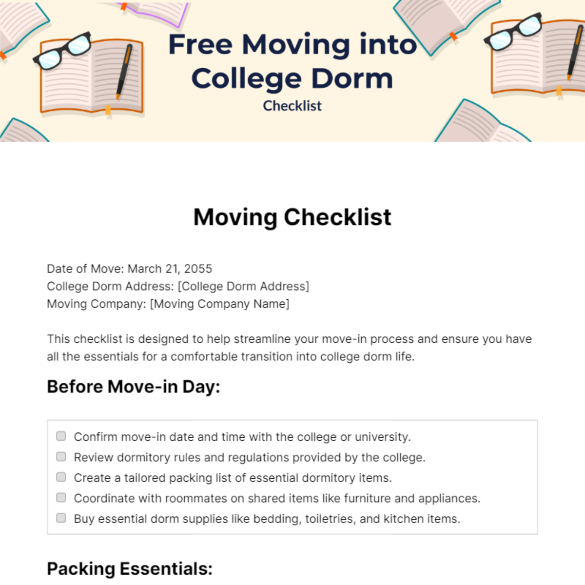 Moving into College Dorm Checklist Template