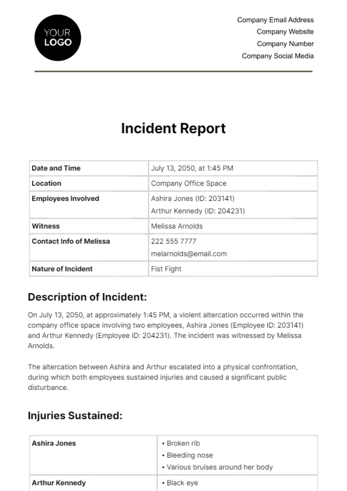 Free Incident Report HR Template