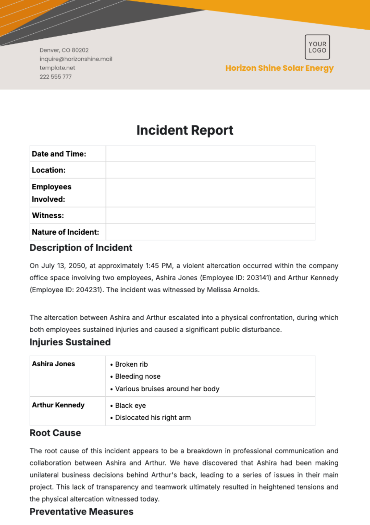 Free Incident Report HR Template