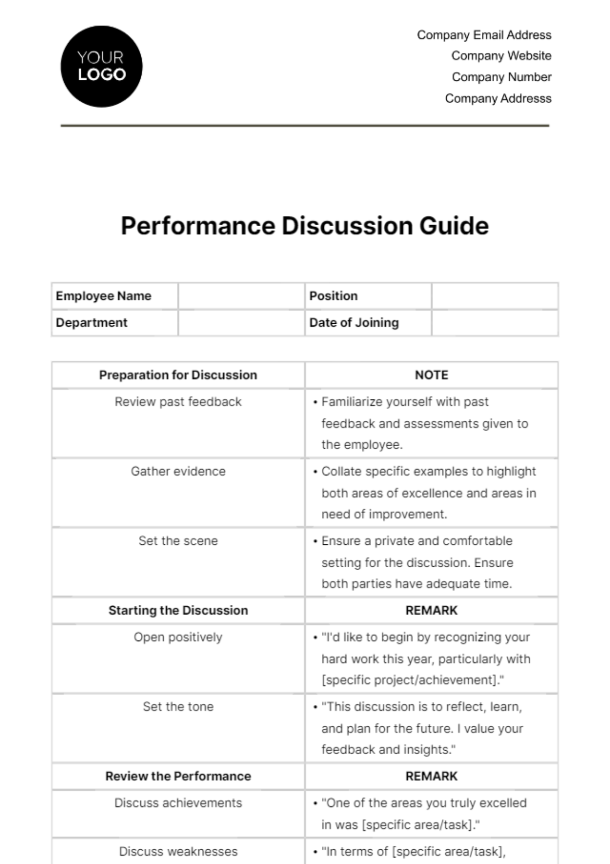 Performance Discussion Guide HR Template