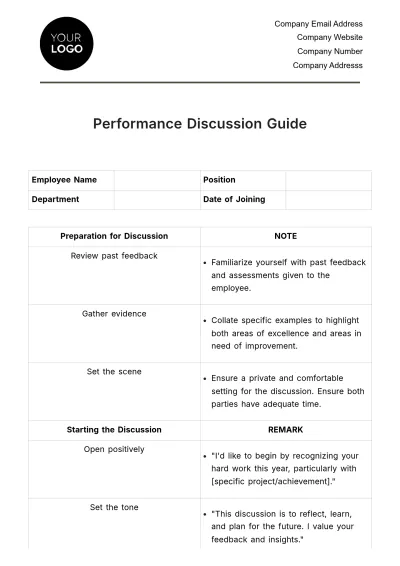 Free Performance Discussion Guide HR Template to Edit Online