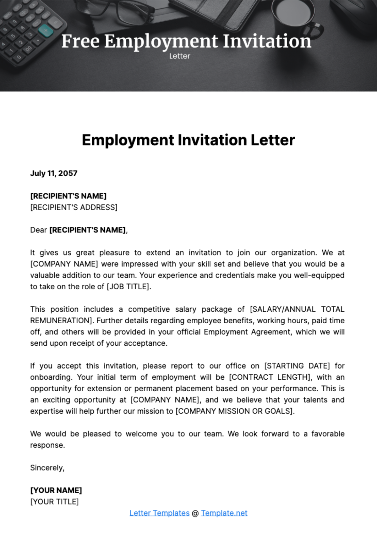 Free Employment Invitation Letter Template