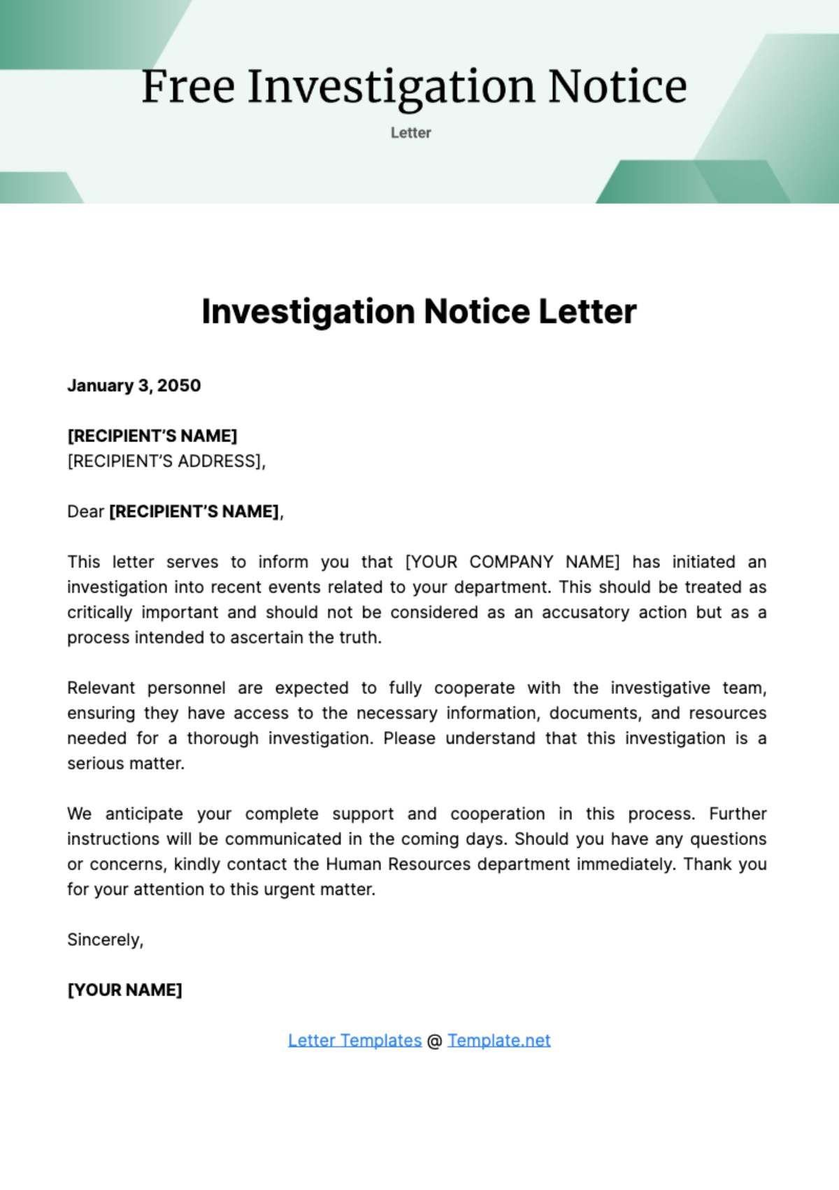 Free Investigation Notice Letter Template