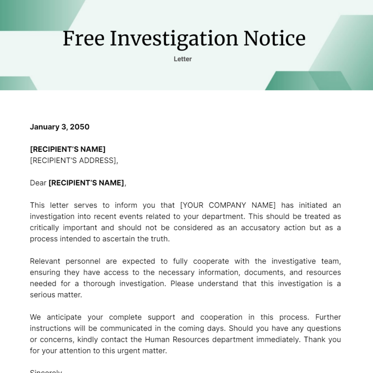 Investigation Notice Letter Template
