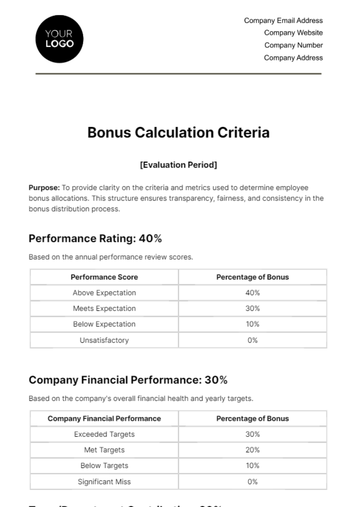 Bonus Calculation Criteria HR Template