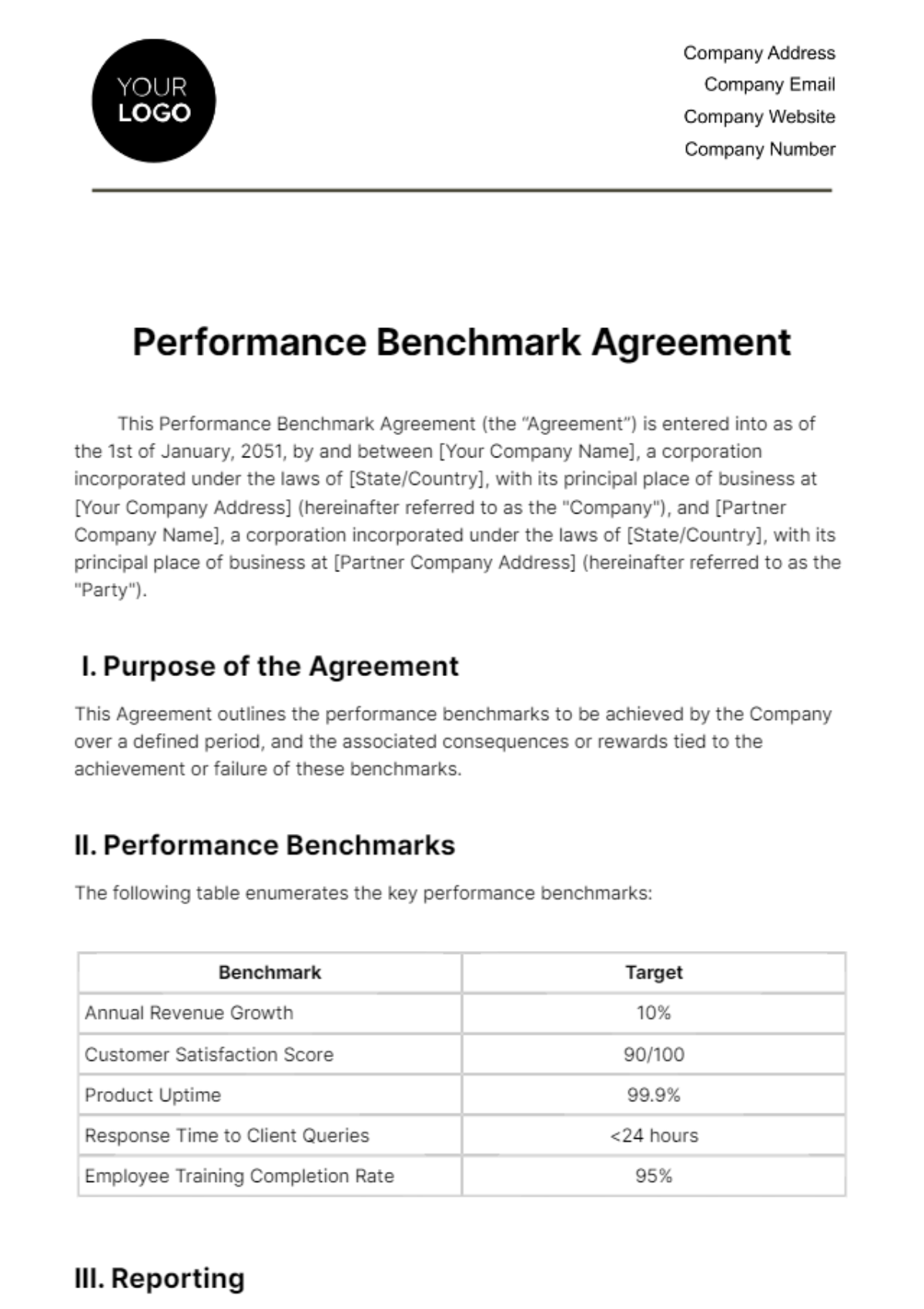 Performance Benchmark Agreement HR Template