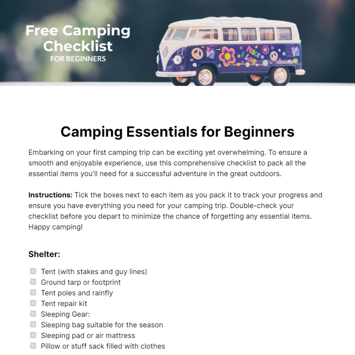 Free Camping Checklist For Beginners Template