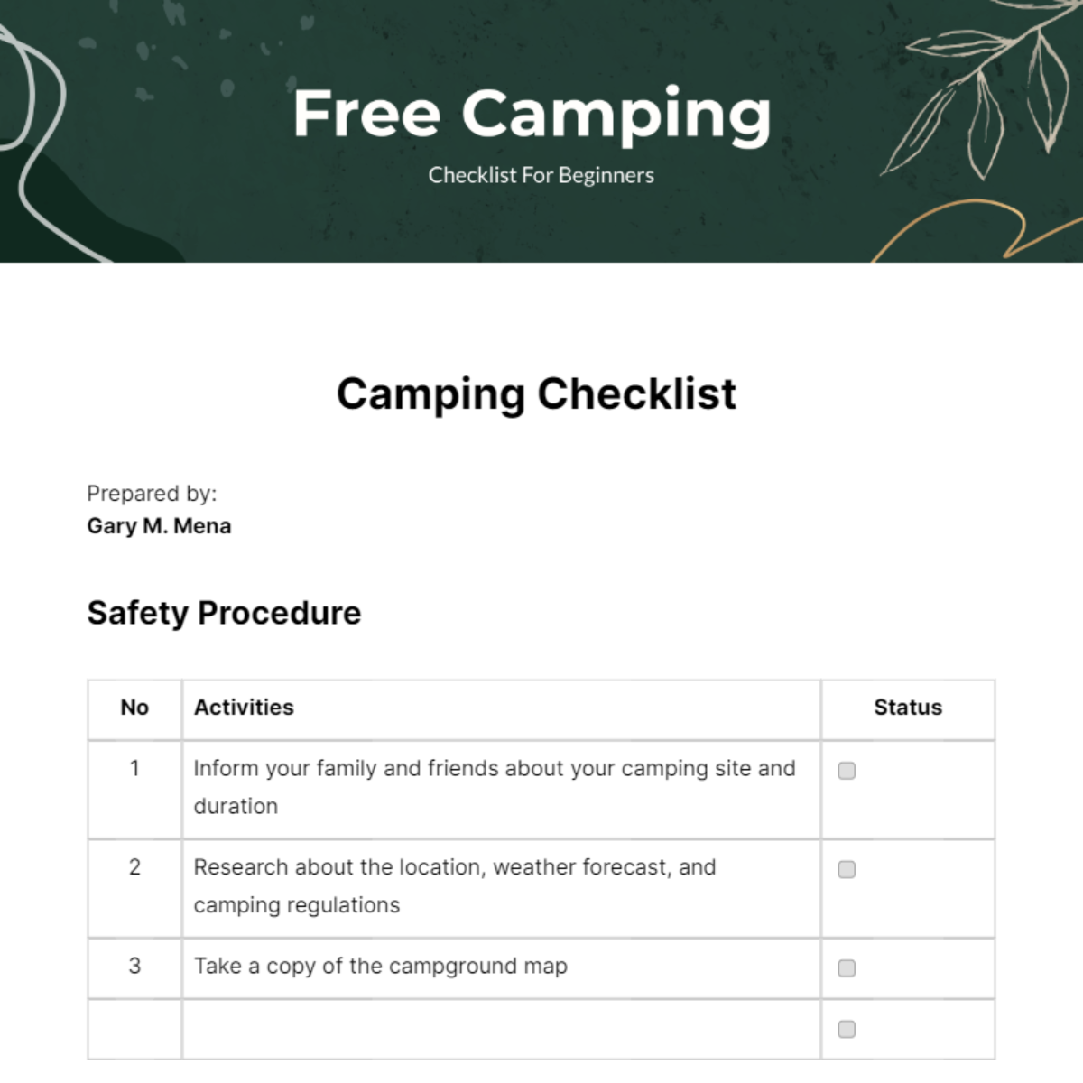 Camping Checklist For Beginners - Edit Online & Download Example