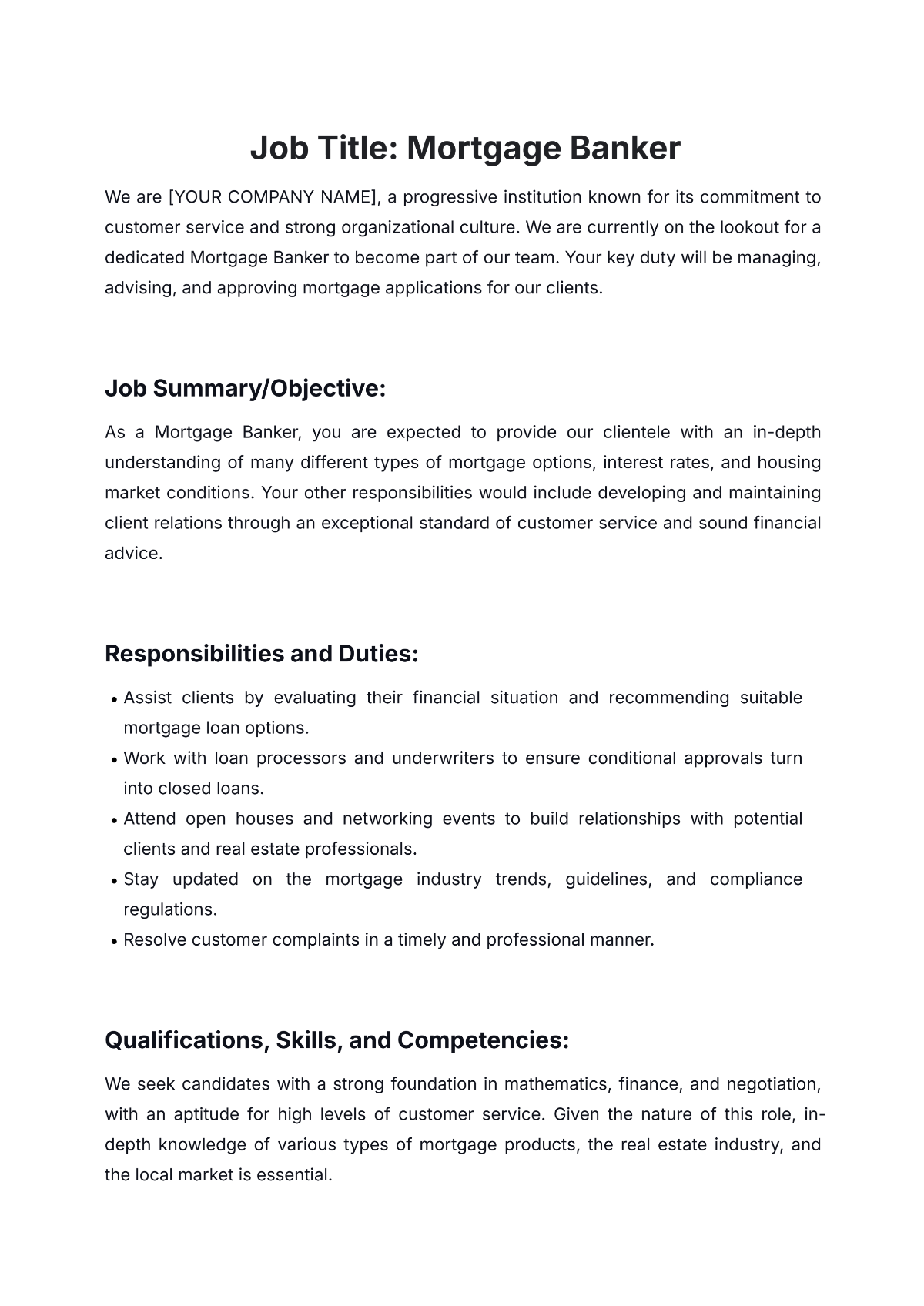 Mortgage Banker Job Description Template