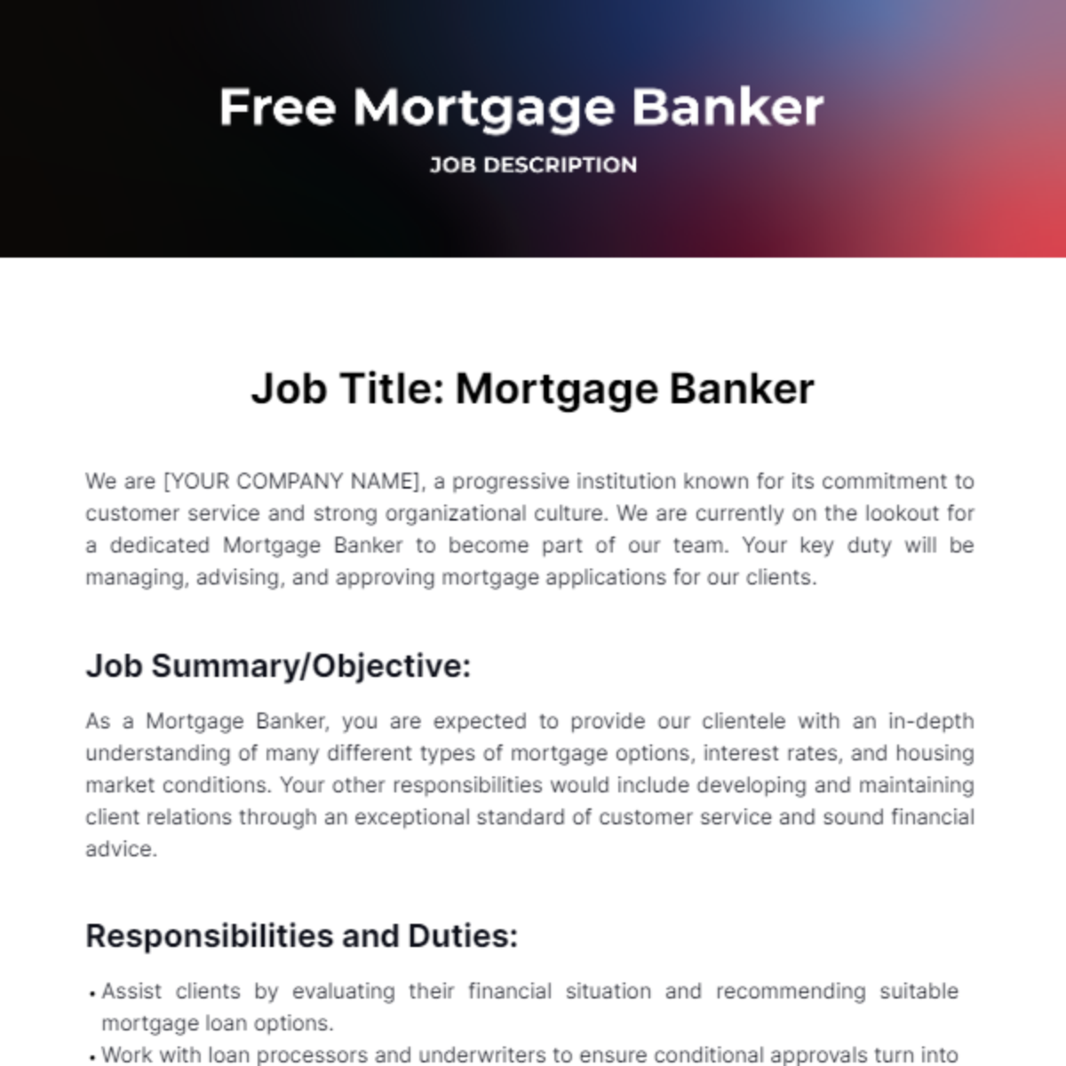 Mortgage Banker Job Description Template