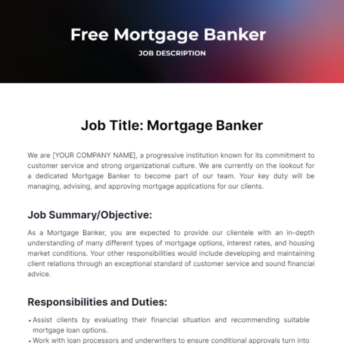 Mortgage Banker Job Description Template Edit Online Download 