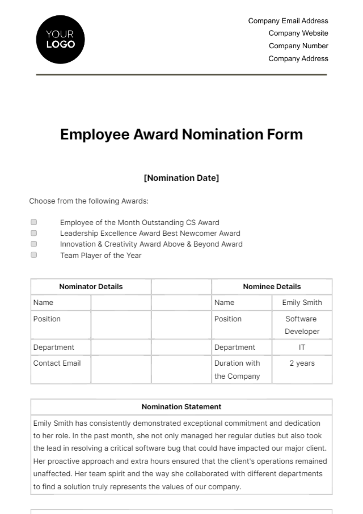 Employee Award Nomination Form HR Template