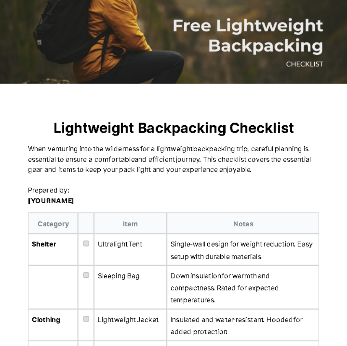 Lightweight Backpacking Checklist Template