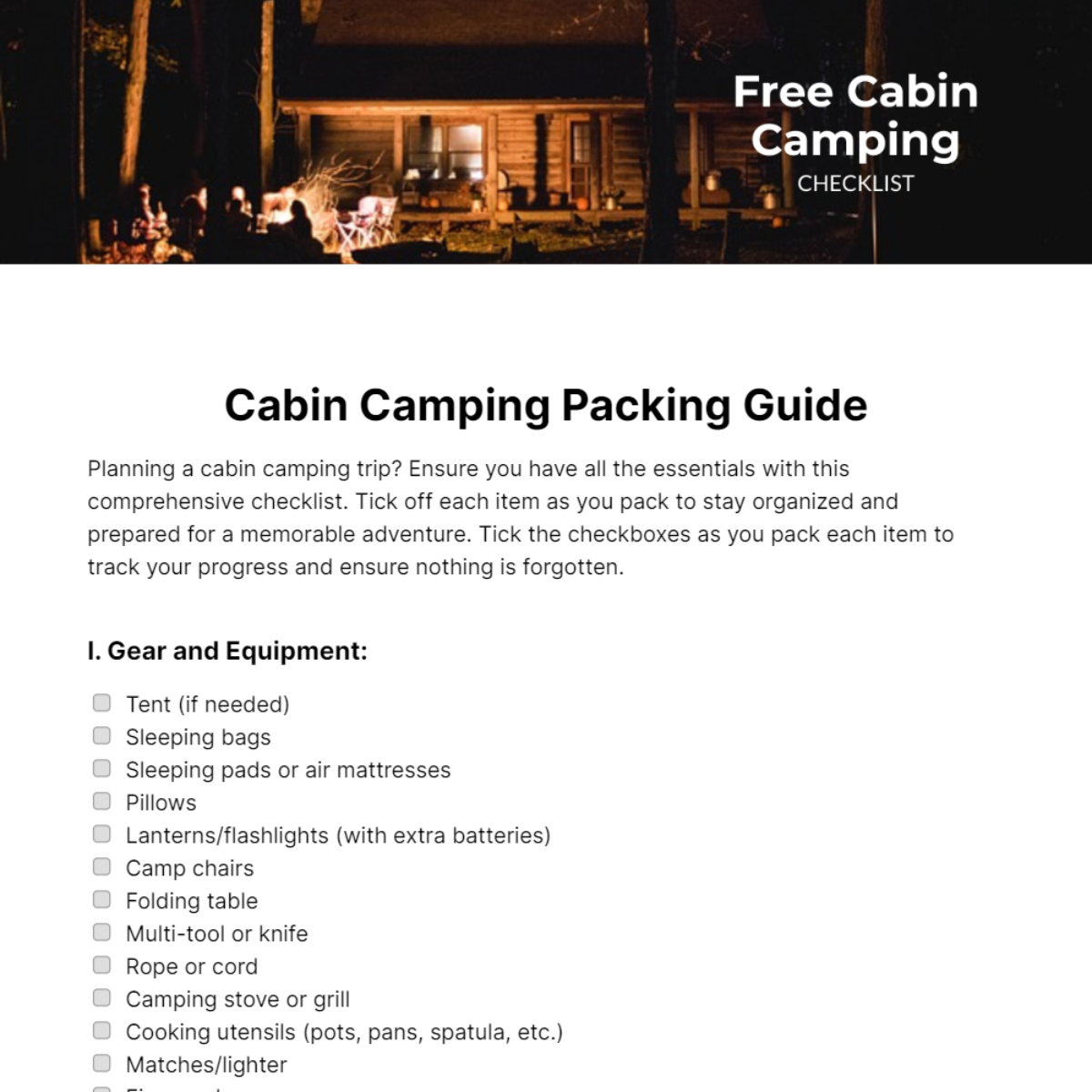 Free Cabin Camping Checklist Template