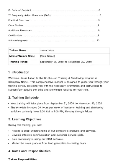 Free On-the-job Training & Shadowing Manual HR Template to Edit Online