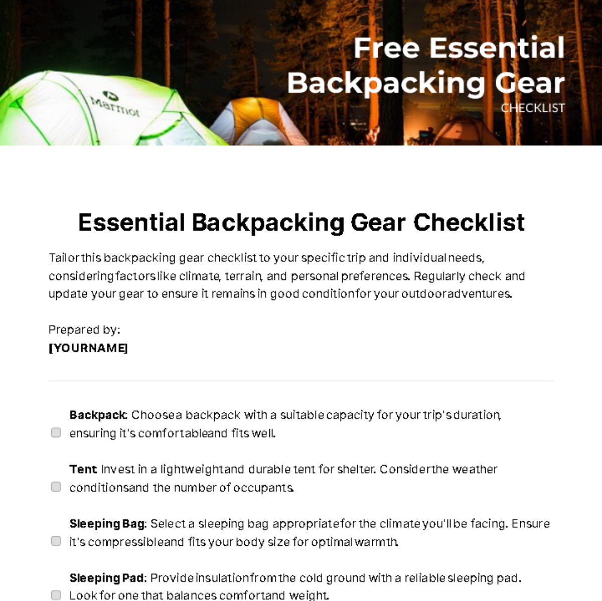 Free Essential Backpacking Gear Checklist Template