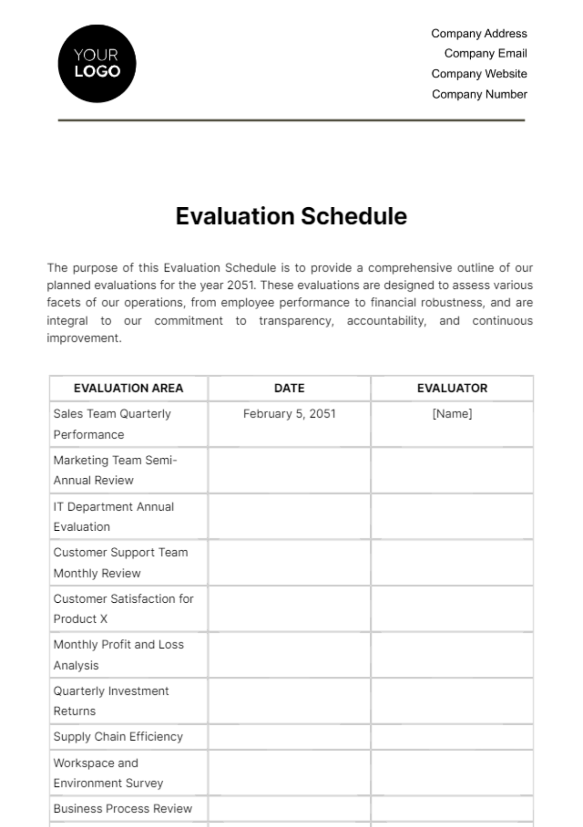 Evaluation Schedule HR Template
