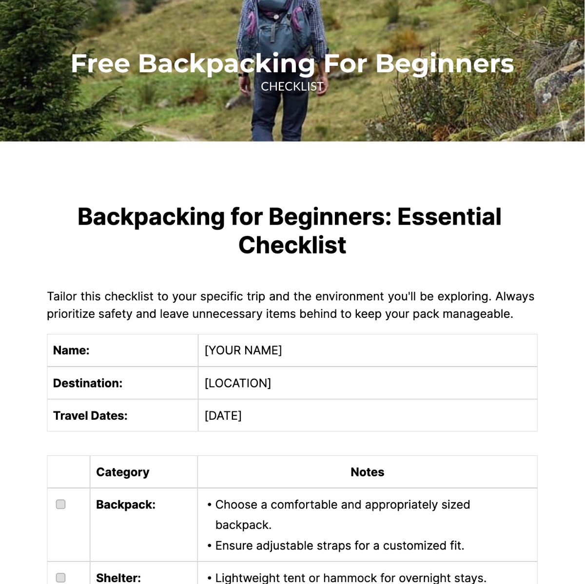 Free Backpacking For Beginners Checklist Template