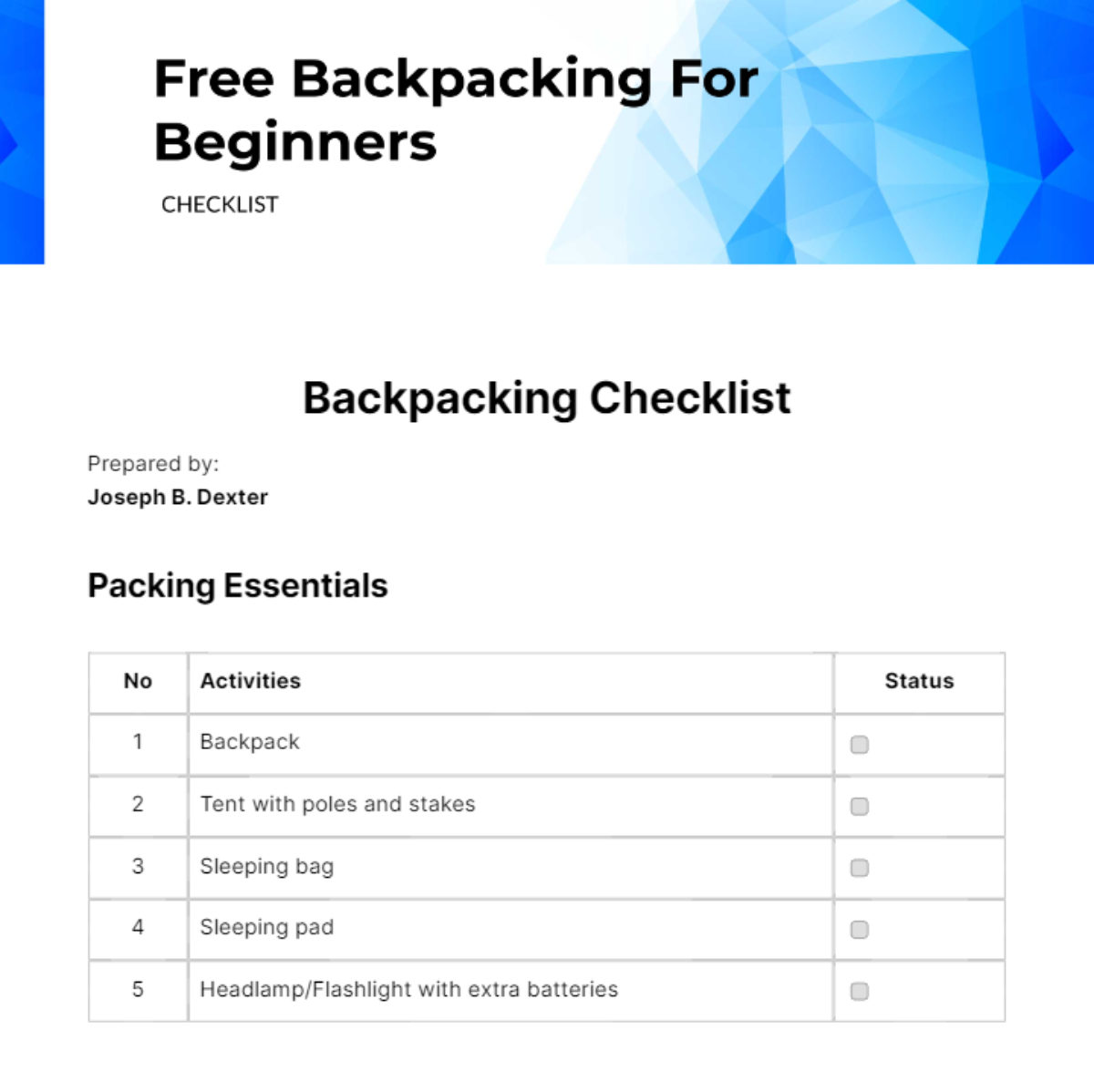 Backpacking For Beginners Checklist - Edit Online & Download Example