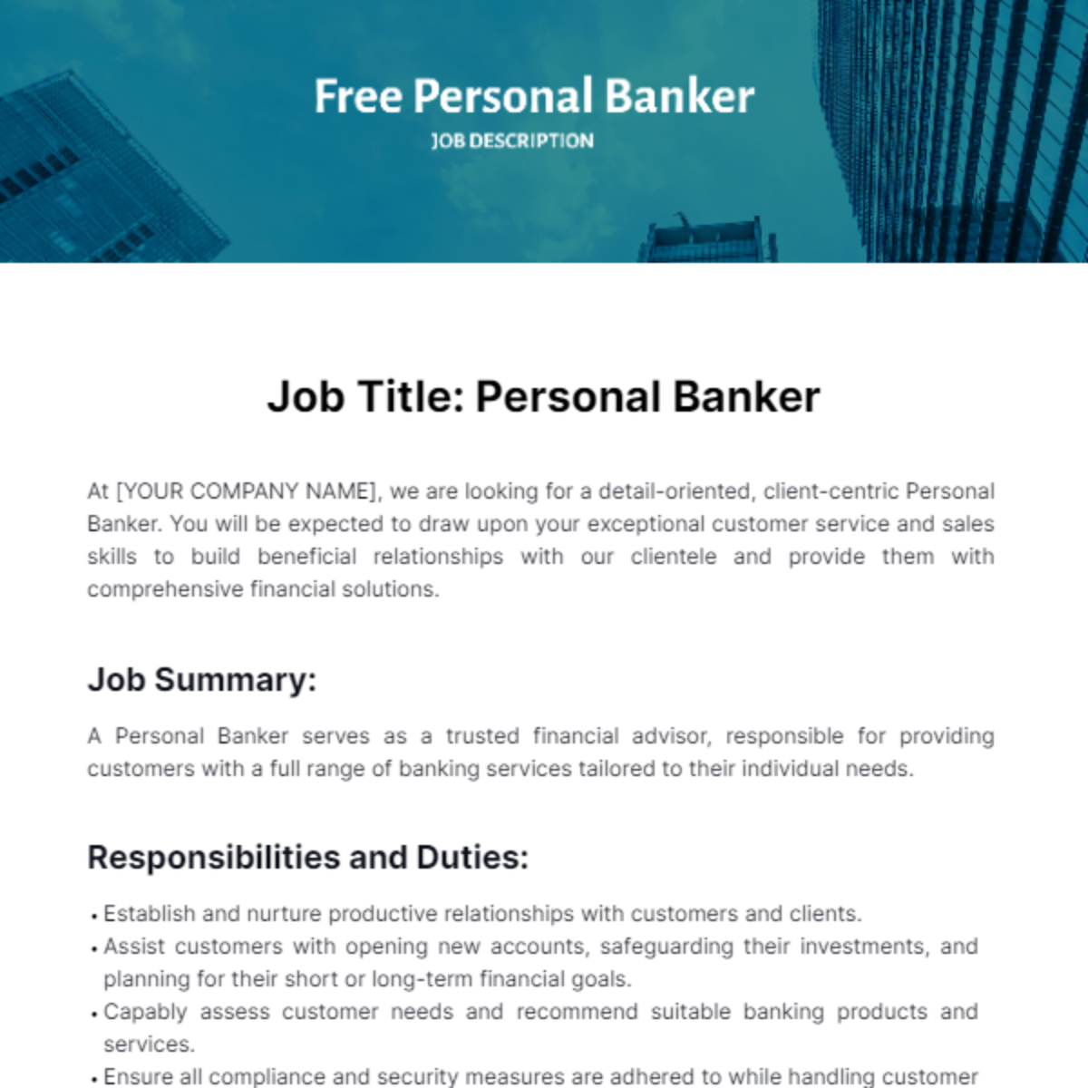 Personal Banker Job Description Template