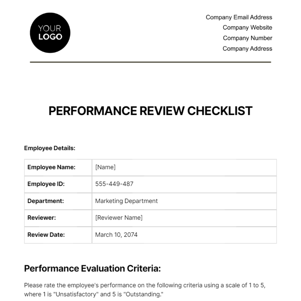 Performance Review Checklist HR Template