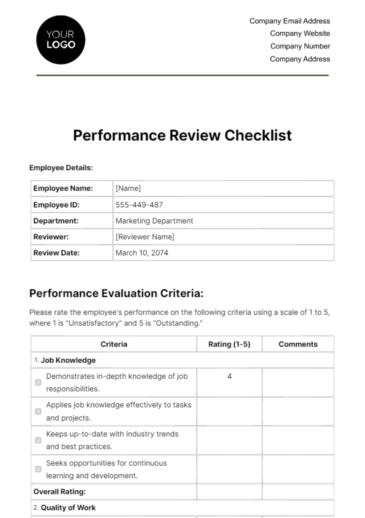 Performance Review Checklist HR Template