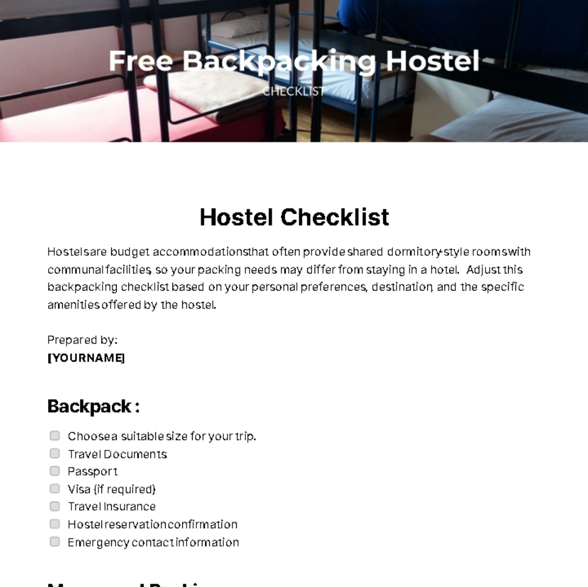 Backpacking Hostel Checklist Template