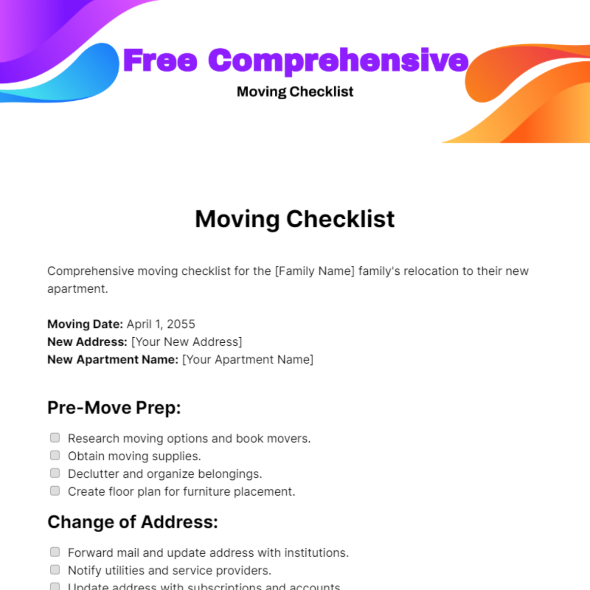 Comprehensive Moving Checklist Template
